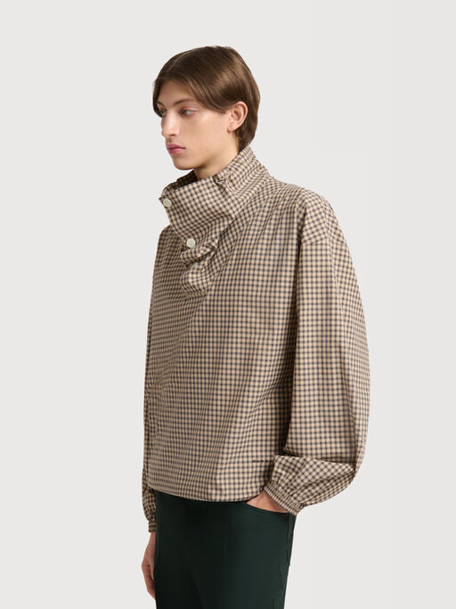 Brown checked poplin shirt with funnel neck - Shirts