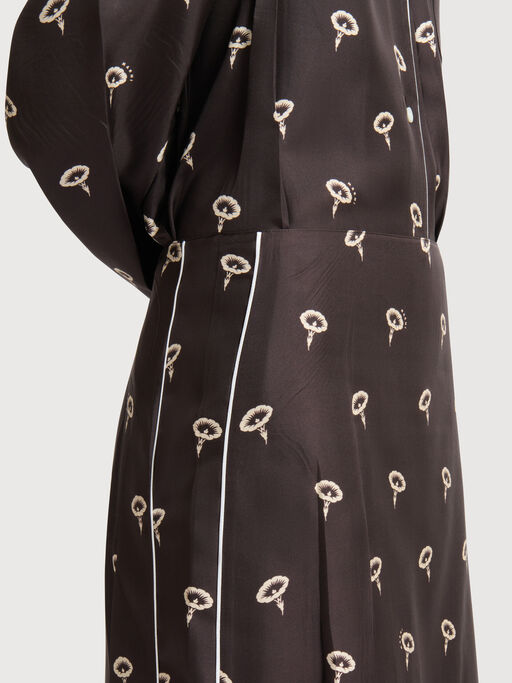 Brown silk twill midi skirt with floral print - Skirts