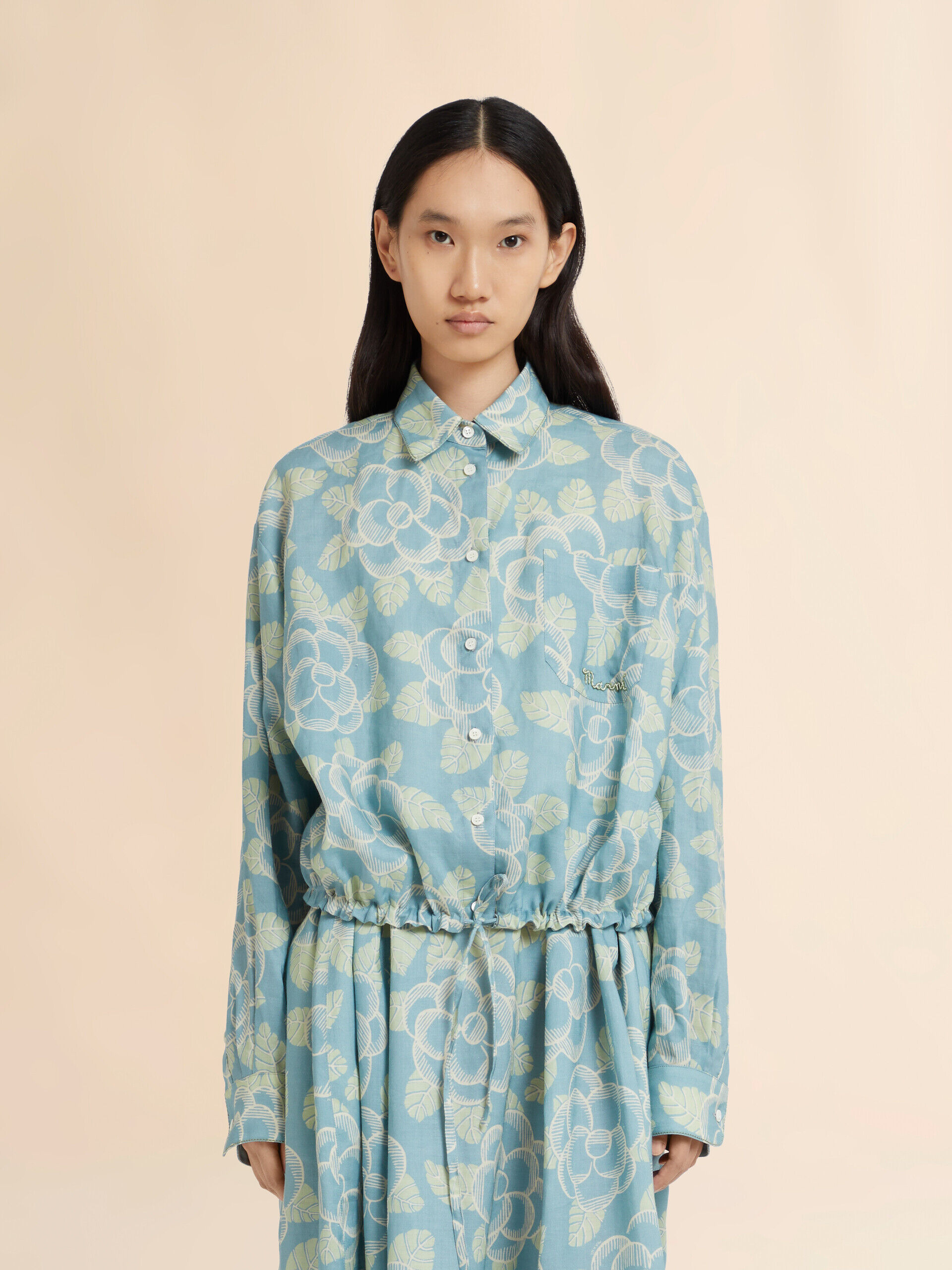キャピタル　フレンチクロスリネン　レインワバッシュプリントアロハシャツ　M Blue ramie drawstring shirt with Banjo print | Marni