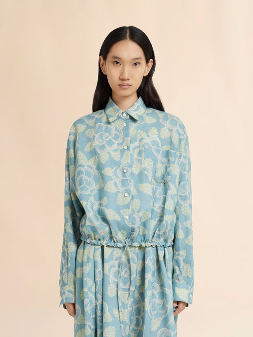 Blue ramie drawstring shirt with Banjo print - Shirts