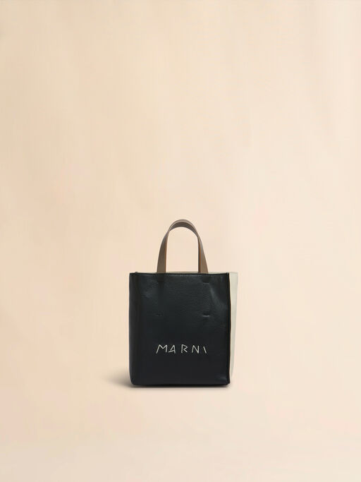 Marni Symbol 자수 디테일 블랙 크림 브라운 가죽 Museo Soft 미니 백 - 쇼핑백