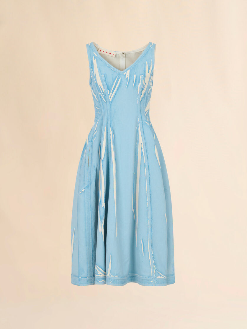 Light blue screen-printed denim midi dress, Image 1
