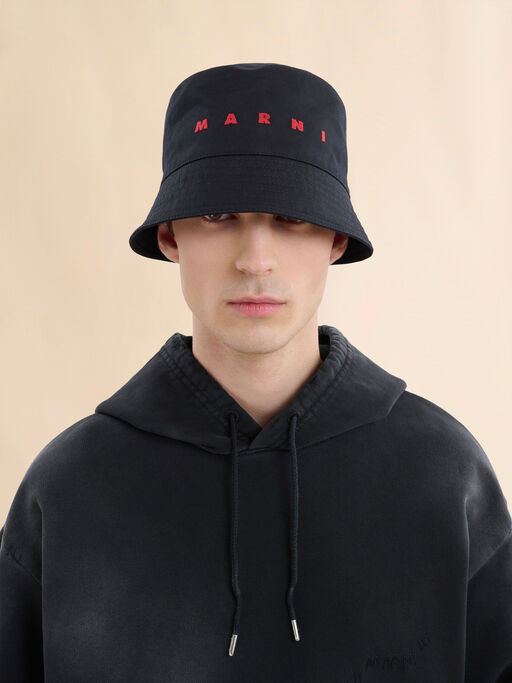 Black organic gabardine bucket hat with embroidered logo - Hats
