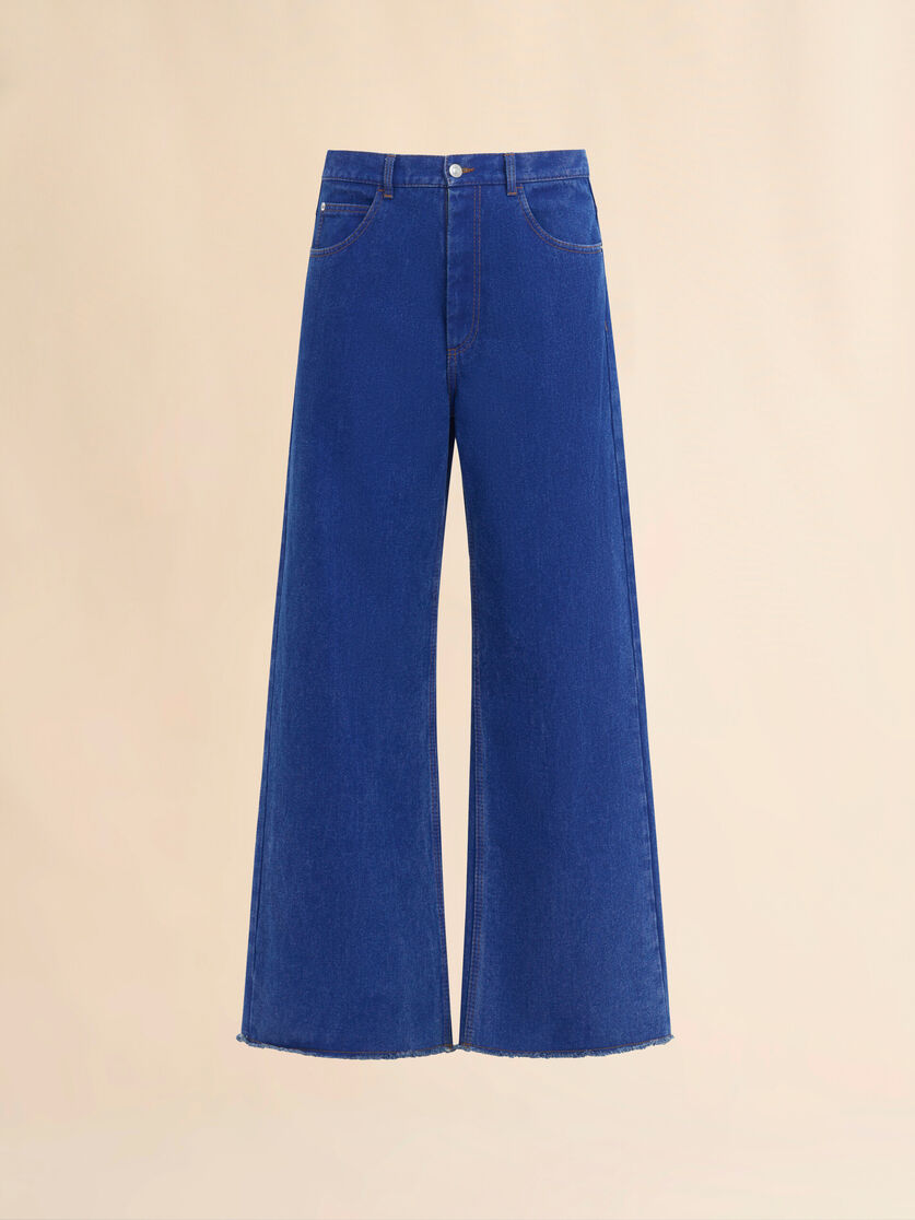 Jean taille basse en denim bleu avec ceinture en ruban rouge - Pantalons - Image 1