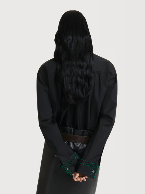 Black poplin half-button shirt with broderie anglaise - Shirts