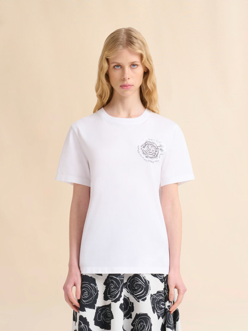 White cotton T-shirt with rhinestone rose - T-shirts - Image 2