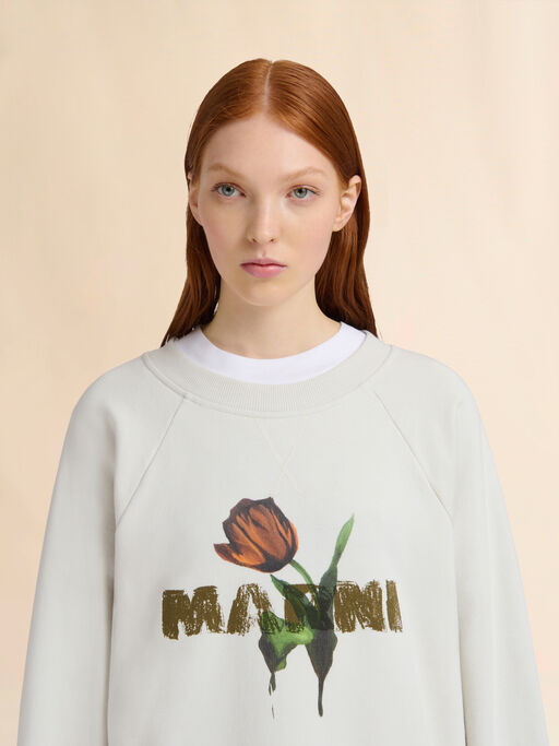 Off-white cotton sweatshirt with tulip print - Sweaters