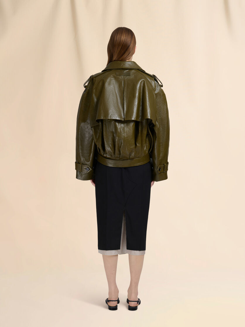 Deep green leather short trench coat - Jackets - Image 3