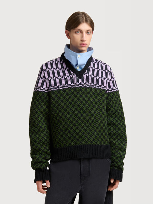Green wool jumper with geometric motif - Pullovers
