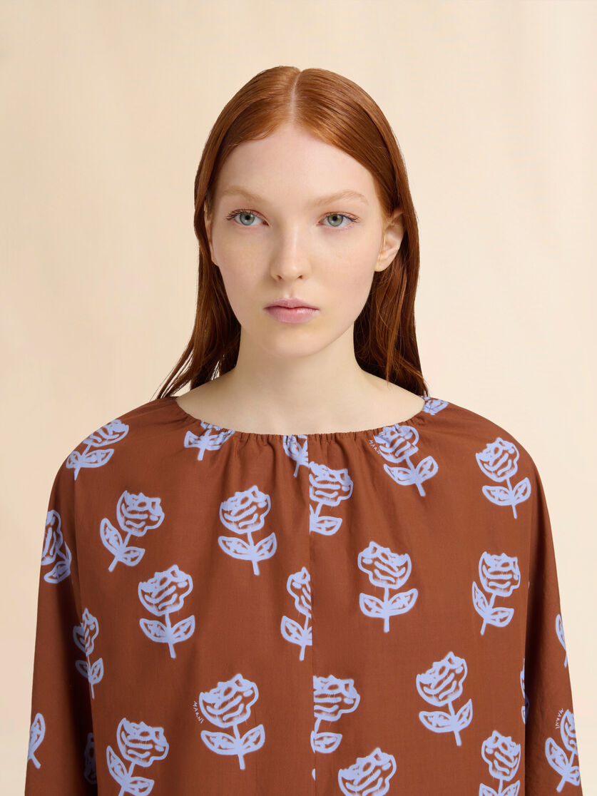 Brown poplin midi dress with Sprayed Roses print - Dresses - Image 4