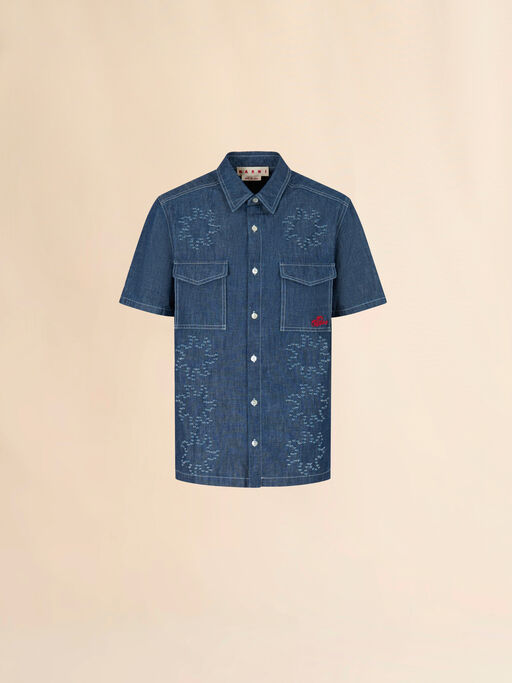 Blue chambray short-sleeved shirt with frayed sun motif - Shirts