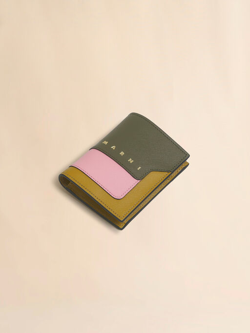 Deep green pink and mustard saffiano leather bi-fold wallet - Wallets
