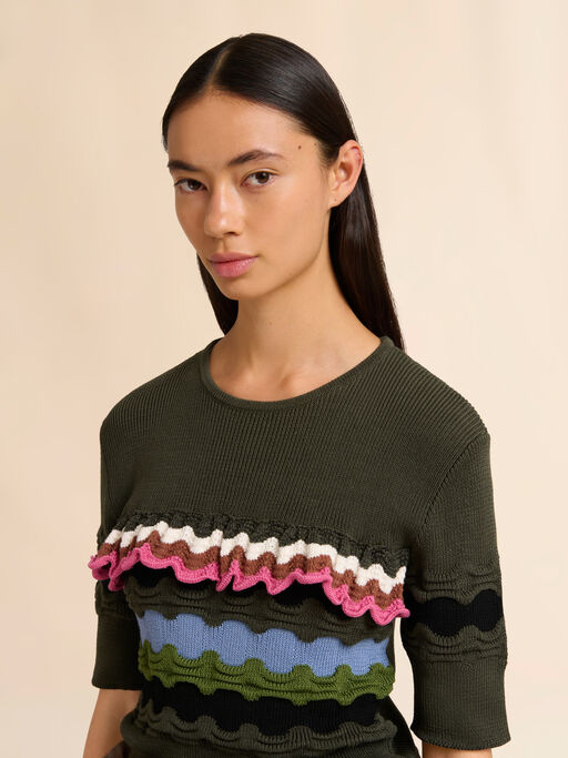 3Dウェーブディテール グリーン コットンジャンパー - プルオーバー