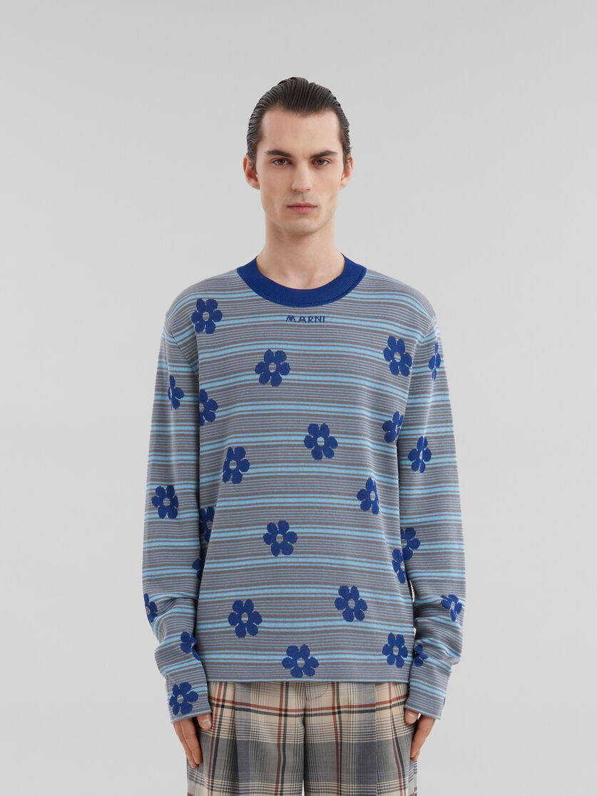 Blue cotton-viscose striped jumper with floral motif | Marni