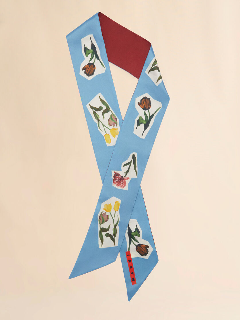 Blue silk scarf with flower collage - Other accessories - Image 2