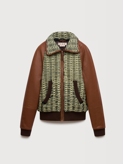 Yellow and light green cotton-wool knit jacket with leather sleeves - Jackets
