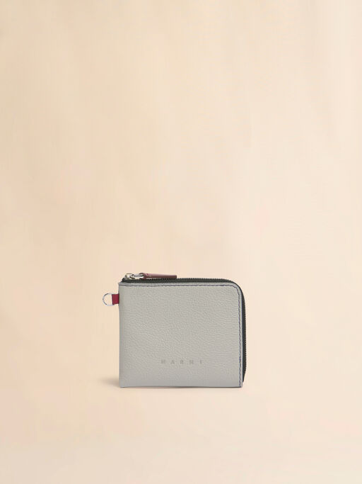 グレー レザー製ラウンドファスナーウォレット、コントラストステッチ入り - 財布