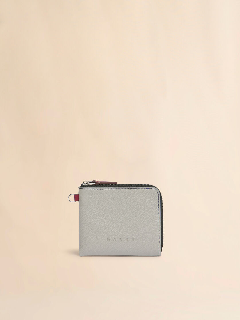 グレー レザー製ラウンドファスナーウォレット、コントラストステッチ入り, Image 1