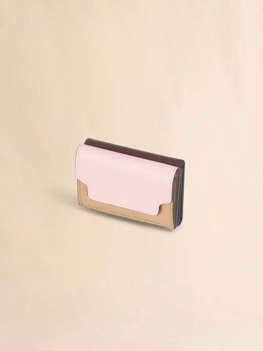 ピンク ライトブラウン ダークブラウン サフィアーノレザー製三つ折りウォレット - 財布