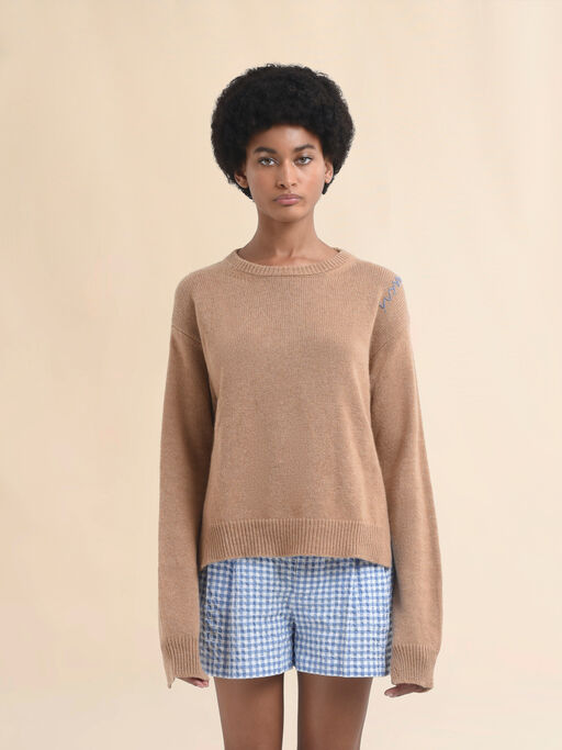 Beigefarbener Boxy-Pullover aus Kaschmir mit Marni Symbol Stickerei - Pullover