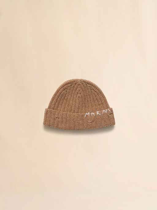 Brown ribbed beanie with hand-stitched logo - Hats