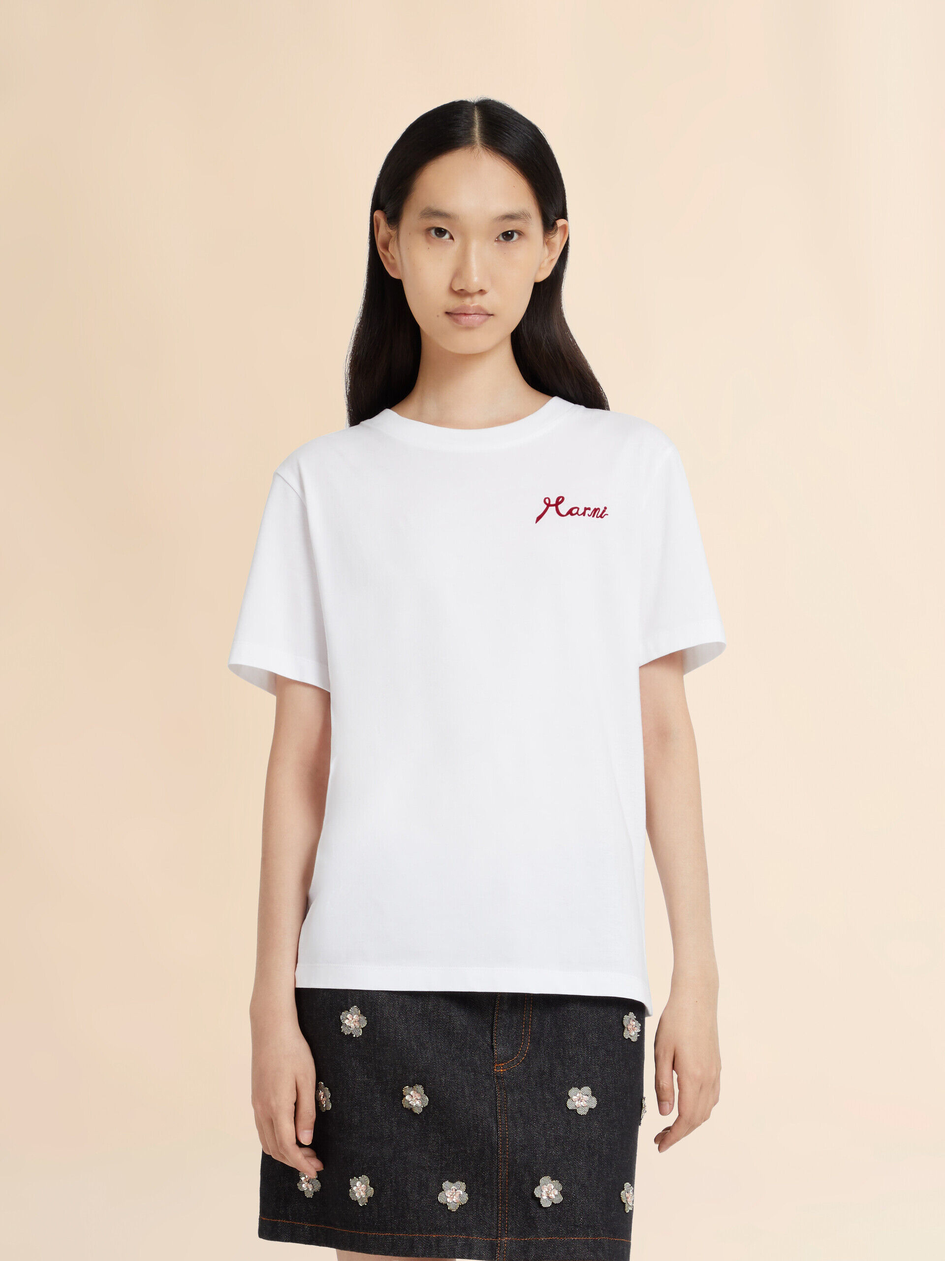 White cotton T-shirt with flocked Marni logo | Marni