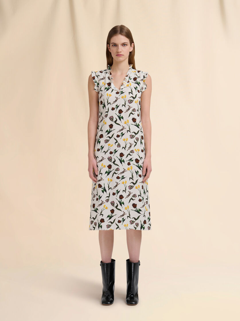 Cream envers satin dress with Tulips and Hares print - Dresses - Image 2