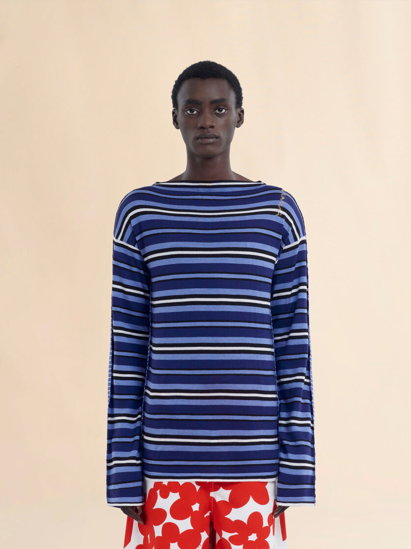Blue striped boat neck jumper with contrasting back - Pullovers - Image 2