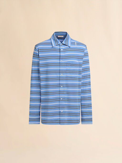 Long sleeved blue and white striped organic cotton polo shirt - Shirts