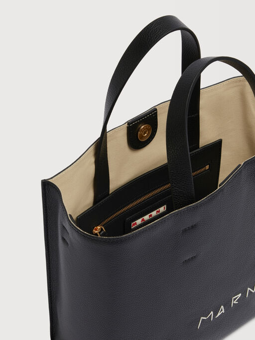 Black leather Museo Soft tote Bag with Marni Symbol embroidery - Shopping Bags