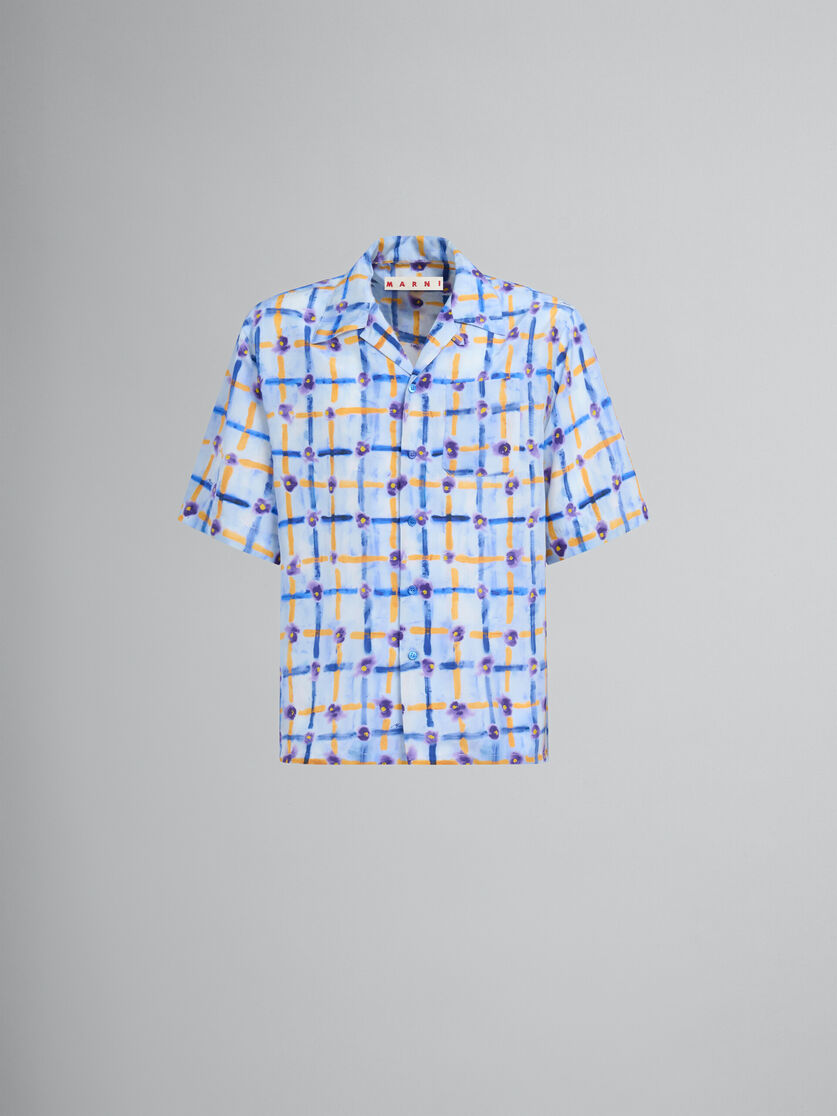 Camicia bowling in seta Habotai azzurra con stampa Saraband - Camicie - Image 1
