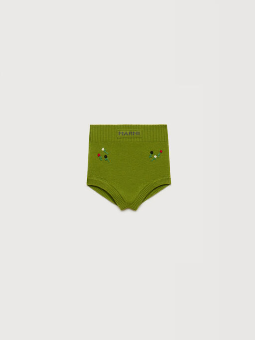 Green wool-cashmere briefs with flower embroidery - Pants
