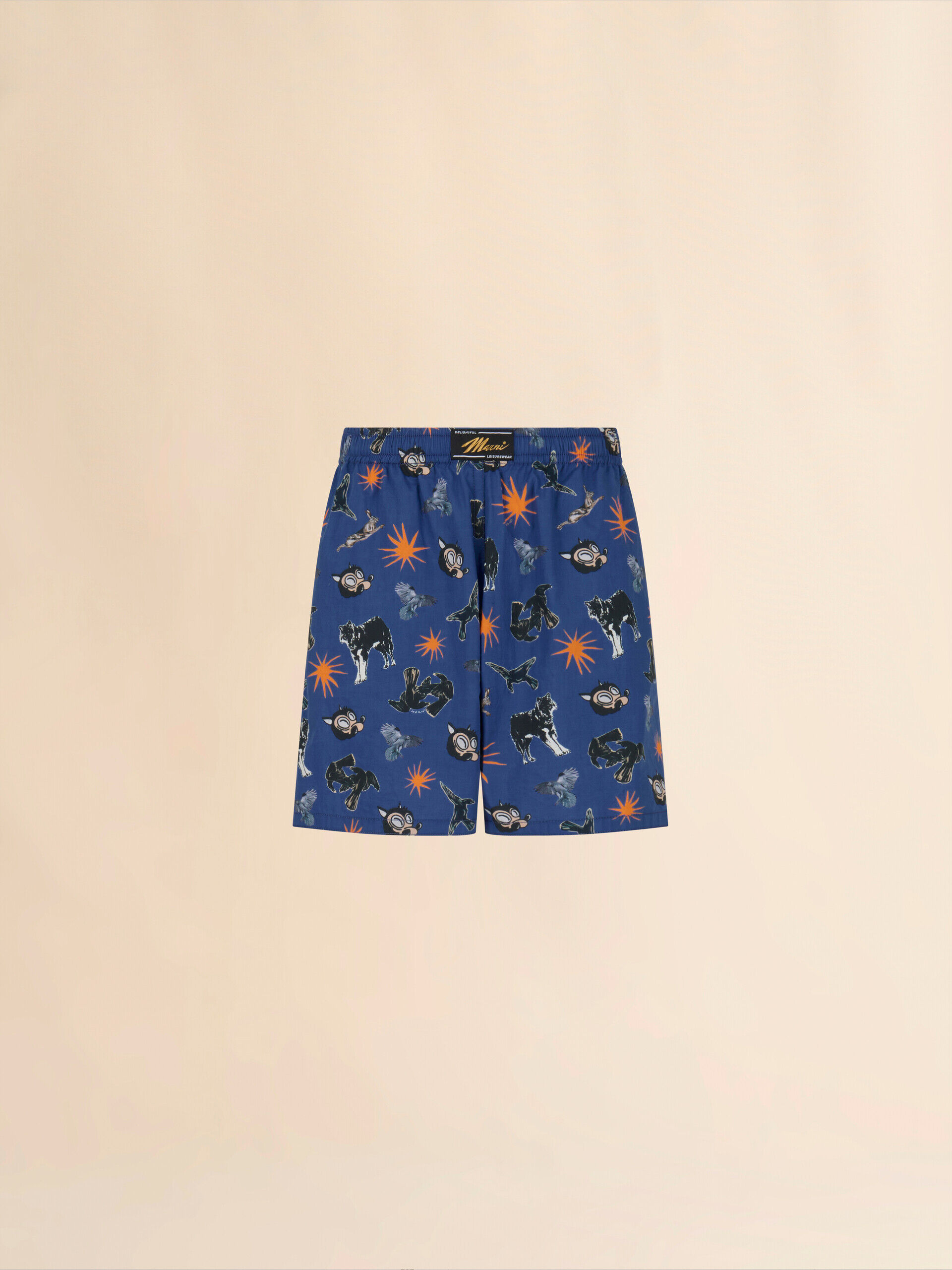 Blue poplin Bermuda shorts with Wolves, Ravens and Doves