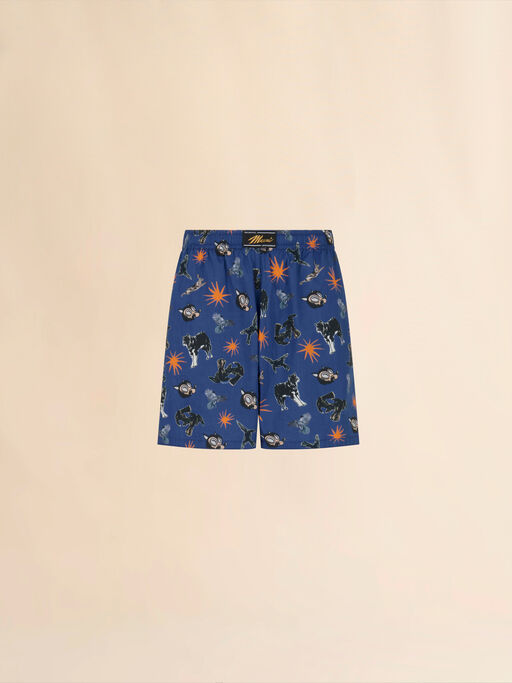 Blue poplin Bermuda shorts with Wolves, Ravens and Doves print - Swimwear