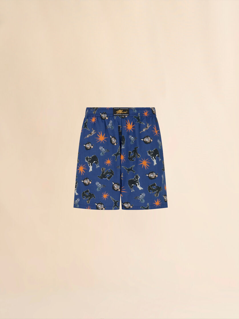 Blue poplin Bermuda shorts with Wolves, Ravens and Doves print - Swimwear - Image 1