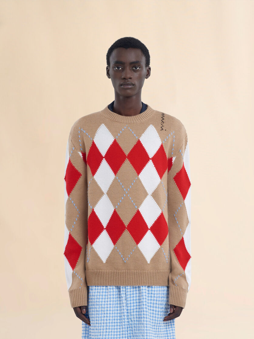 Beige crew neck wool jumper with Argyle motif - Pullovers - Image 2