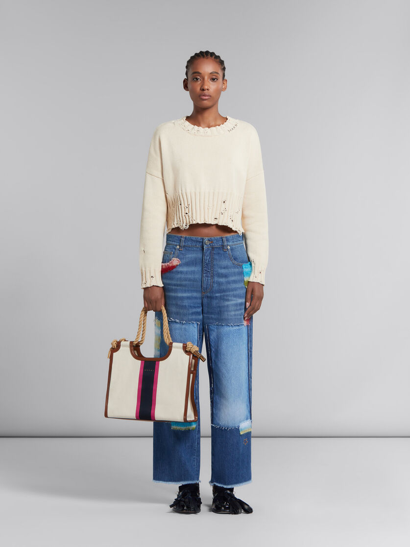 Cream canvas Marcel tote with striped tape | Marni