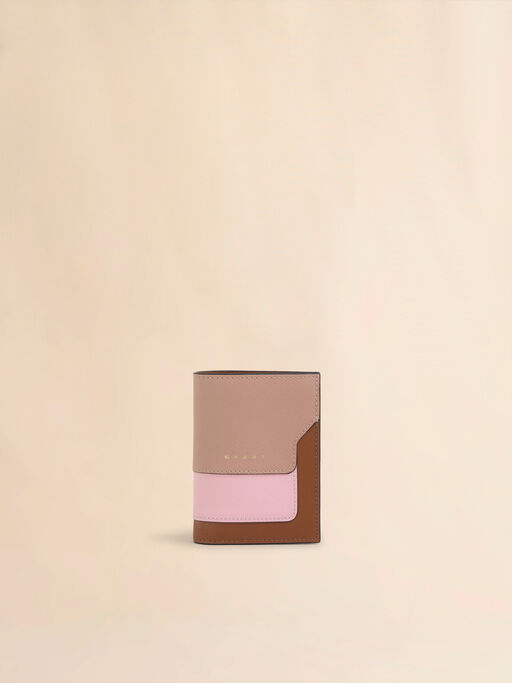 Dusty pink, pink and brown saffiano leather bi-fold wallet - Wallets