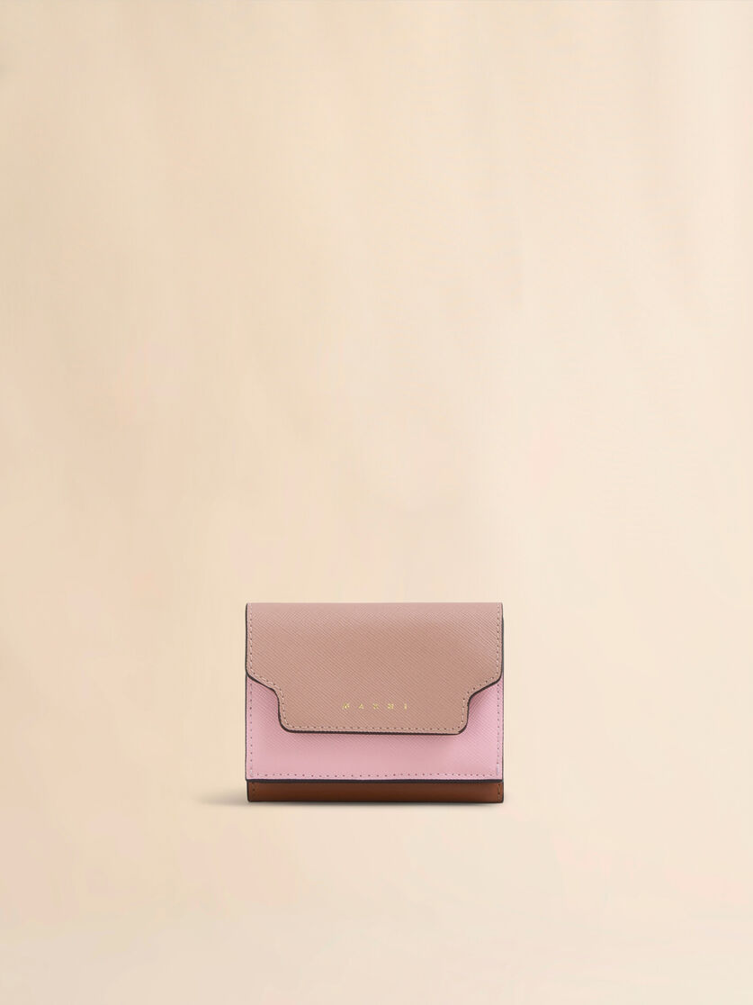 Trifold wallet in blue, cream and brown saffiano leather - Wallets - Image 1