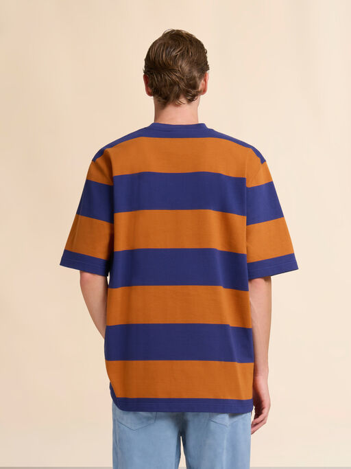 Deep blue and orange maxi-stripe cotton T-shirt - Shirts
