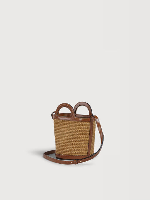 Tropicalia Small Bucket Bag in brown leather and raffia-effect fabric - Shoulder Bag