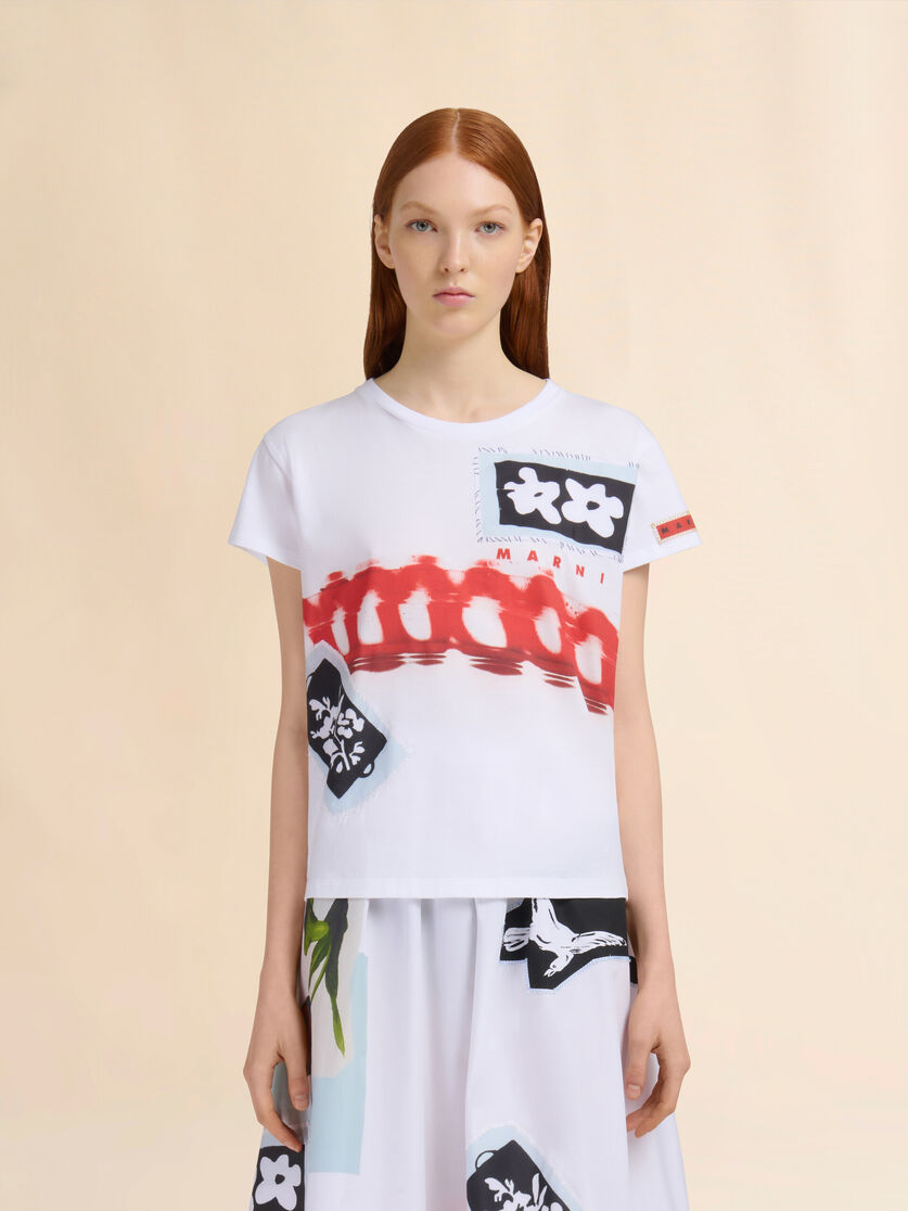 White cotton T-shirt with prints and patches - T-shirts - Image 2