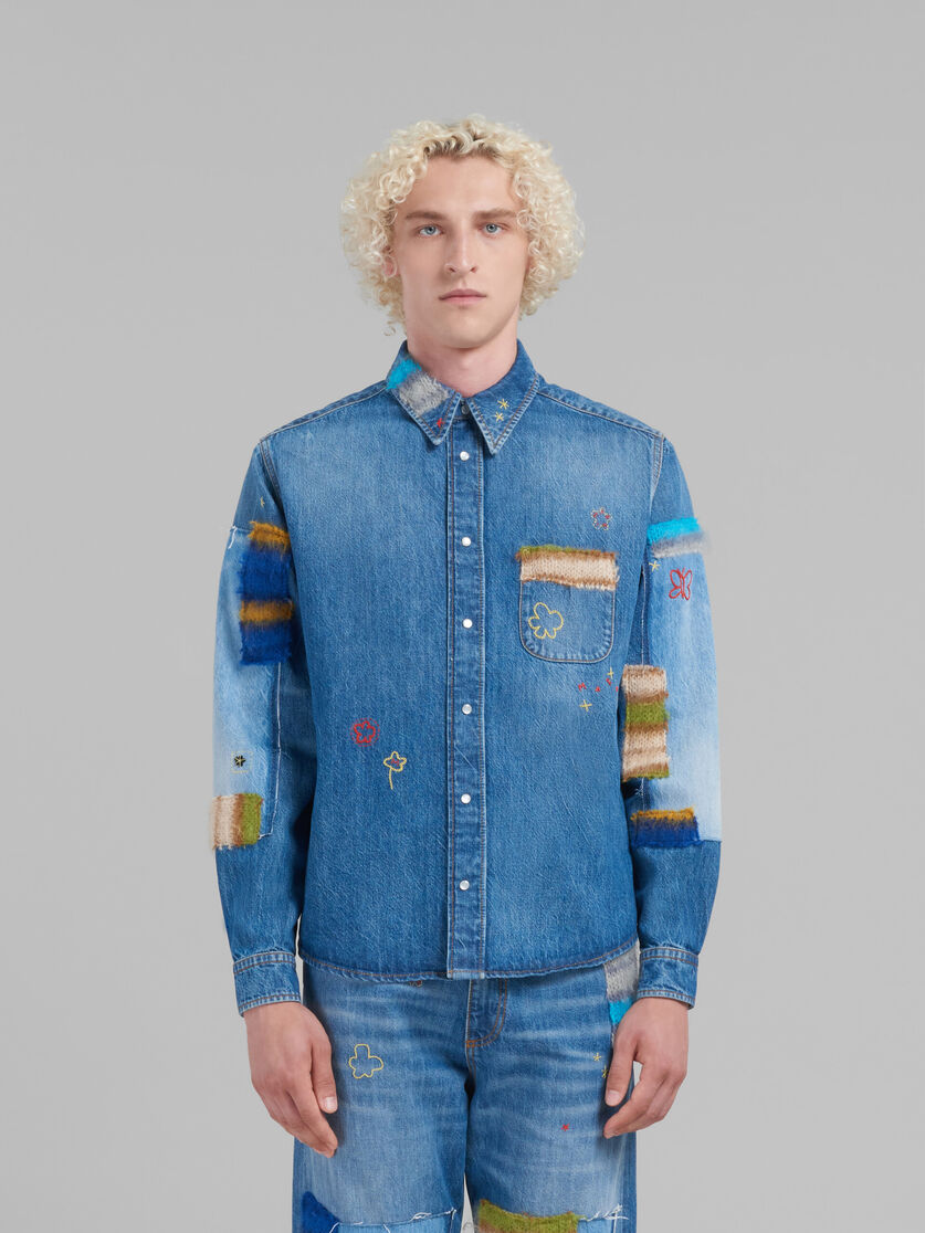 Blue bio denim shirt with mohair patches - Shirts - Image 2