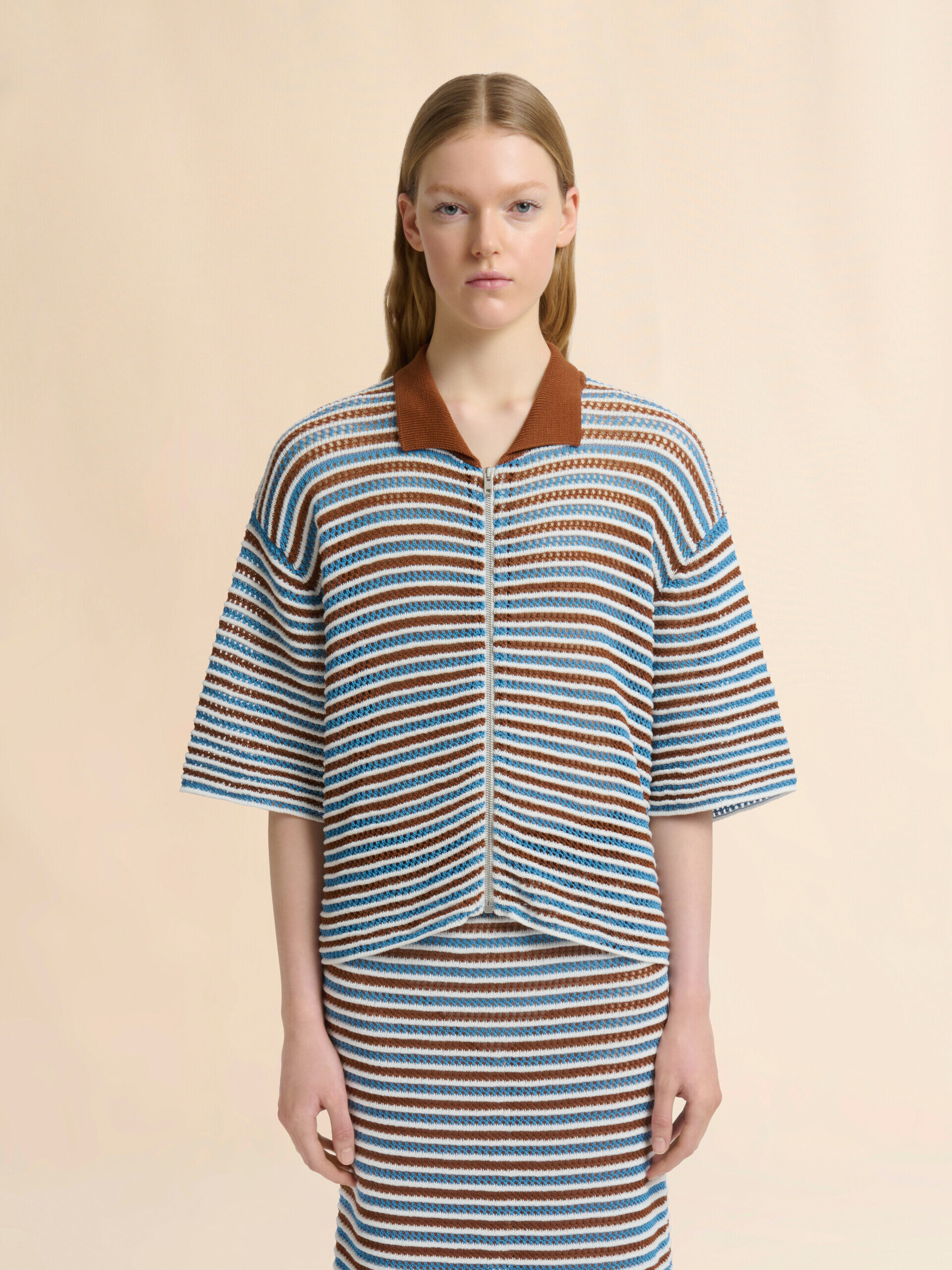 Brown and blue striped cotton crochet cardigan | Marni