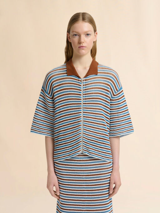 Brown and blue striped cotton crochet cardigan - Pullovers