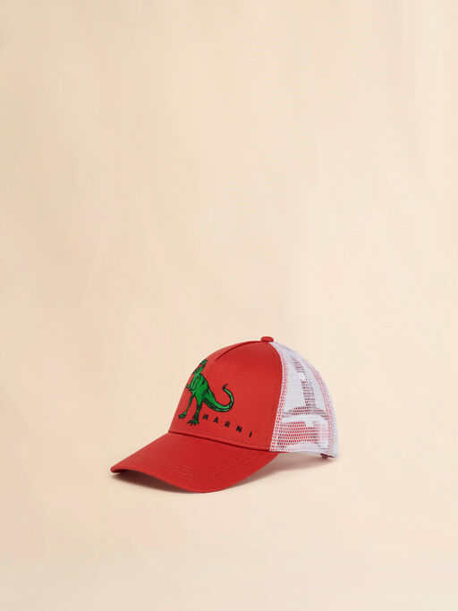 Red cotton baseball cap with embroidered T-rex - Caps