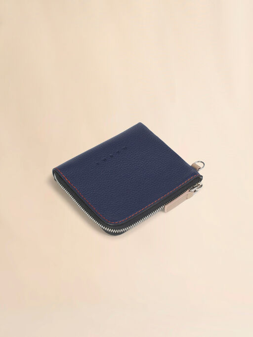ブルー レザー製ラウンドファスナーウォレット、コントラストステッチ入り - 財布