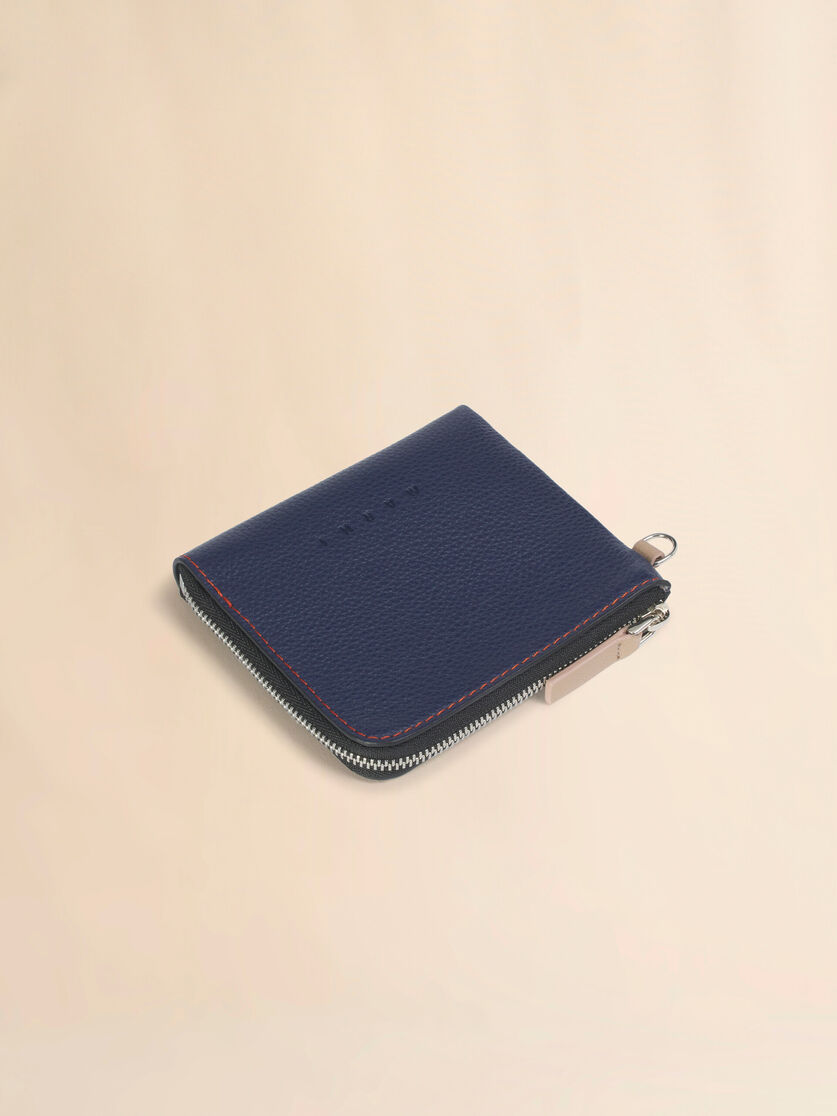 ブルー レザー製ラウンドファスナーウォレット、コントラストステッチ入り, Image 4