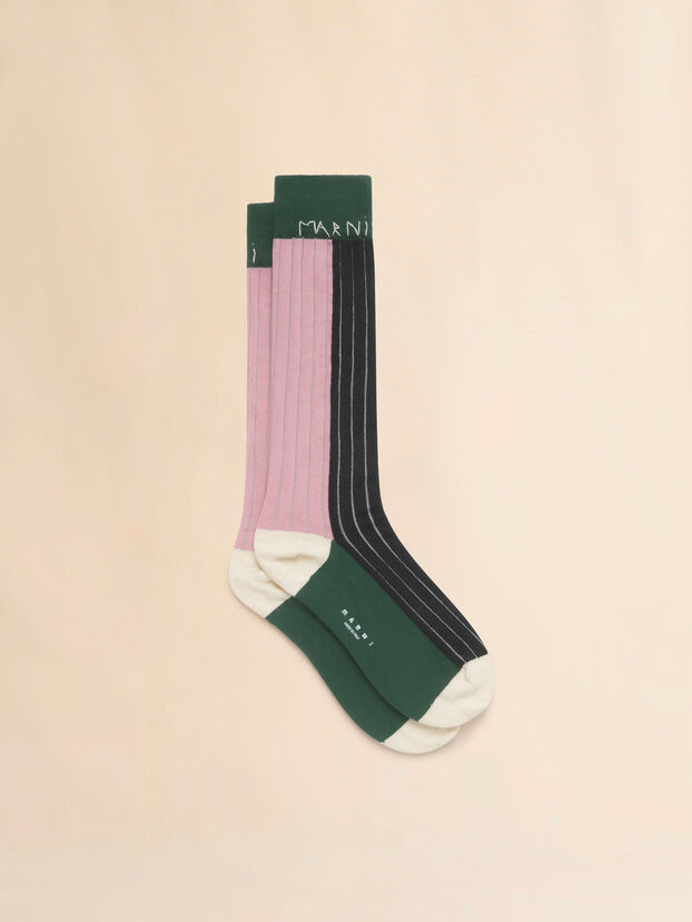 ブラック、ピンク＆グリーン コットン カラーブロックソックス - ソックス