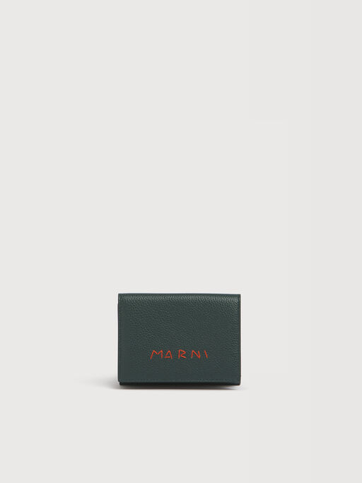ディープグリーン レザー Marni Mending 刺繍 三つ折りウォレット - 財布